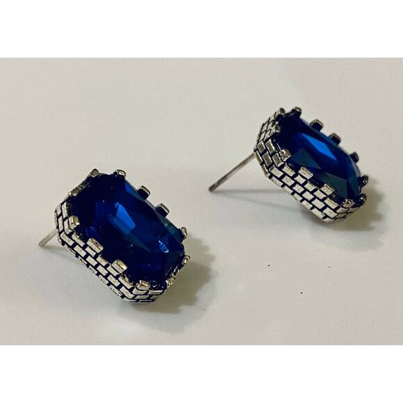 Royal Blue Rhinestone Earrings in Silver Setting - Picture 1 of 2